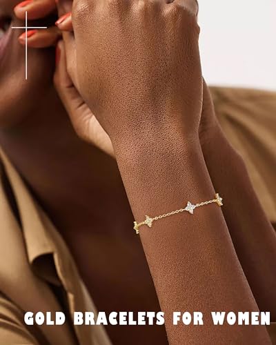 KOHOTA Silver Gold Bracelets for Women Trendy 14K Gold Plated Bracelet for Women Non Tarnish Dainty Stackable Clover Flower Heart Butterfly Diamond CZ Charm Station Bracelets Stack Jewelry Gifts - color: A: Clover-Gold
