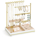 Emibele Jewelry Holder, Jewelry Organizer Stand Necklace Earrings Bracelet Holder, 5 Tier Jewelry Display Tower Rack with Metal Frame and Velvet Ring Tray, Aesthetic Jewelry Stand Gift for Women, Gold - color: Gold & White