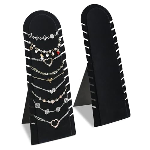 MOOCA 2 Pcs Set Bracelet Necklace Chain Display Pad with 12 Slots, Jewelry Organizer Display with Easel Stand for Chains, 4.5W x 4.9D x 12.2H in, Black Velvet - color: Black,12 Slots
