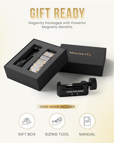 MagnetRX® 3X Strength Magnetic Bracelets for Men – Effective Magnetic Titanium Bracelet for Men – Premium Fold–over Clasp & Adjustable Length with Sizing Tool & Gift Box (Silver/Gold) - color: Silver & Gold (3X Strength)