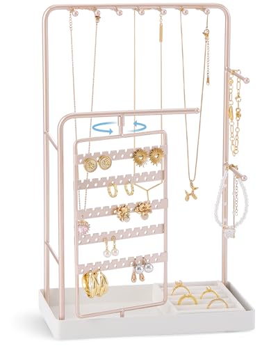 ProCase Jewelry Stand Holder Organizer, Jewelry Display Storage with Ring Tray, Rotating Earring Bracelet Necklace Holder, Valentine's Gifts Room Dorm Decor for Teen Girls -Champagne (No-Assembly) - color: Champagne