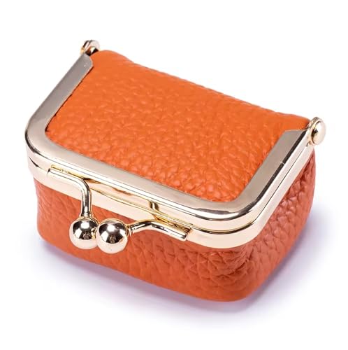 Genuine Leather Mini Jewelry Box for Women, Square Coin Purse with Kiss Lock, Jewelry Organizer Travel Case (Medium, Orange) - color: 104. Orange, size: Medium