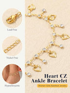 U7 Women Girls Barefoot Jewelry 18K Gold or Rose Gold Stainless Steel Heart/Rope/Figaro/Cuban Chain Anklet Foot Bracelet, 25-30 CM Long - color: Gold Plated-White-Heart Charm