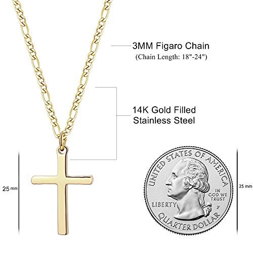 Joxevyia 14K Gold Filled Cross Necklace for Men Figaro Chain Stainless Steel Polished Cross Pendant Necklace Simple Baptism Faith Jewelry Gift - size: 20 inches, style: small cross (1.0"*0.6")