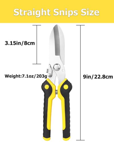 Aviation Tin Snips 9 Inch Heavy Duty Metal Cutter Shears Straight Cut for Cutting Metal Sheet, Chicken Wire, Artificial Flowers, Easy Grip, Stainless Steel Cutter