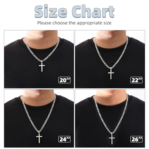 CaptainSteeL Cross Necklace for Men - Stainless Steel Silver/Gold Plain Cross Pendant Necklace Simple Jewelry Gifts, 20/22/24/26 Inches 3:1 Figaro Link Chain 4/5/6mm Width - size: 24inch, style: 5mmSilver