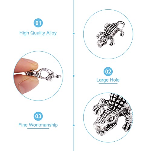 Fashewelry 50Pcs Large Hole Silver Crocodile European Spacer Beads Tibetan Metal Animal Alligator Charm Beads 24x15mm for Snake Chain Men Jewelry Making - color: Antique Silver Crocodile