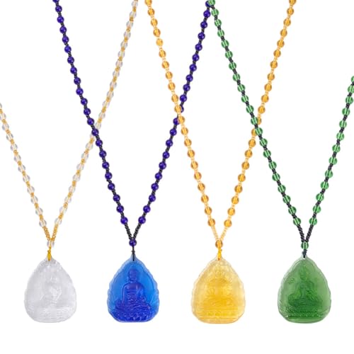 4Pcs 4 Styles Buddha Guanyin Pendant Necklaces Embossed Pendant Handmade Lampwork Glass Beaded Rope Chain Multicolor Lucky Amulet Charms Jewelry Gift for Men Women - color: Mixed 4 Color
