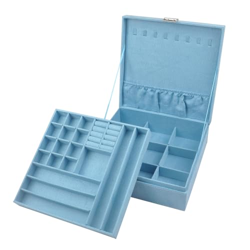 Jewelry Boxes 10 x 10 Inches 2-layer Handle Necklace Holder Organizer Jewellery Women Rings Storage Display Girls Earrings Case Lockable Jewelry Tray Blue GY641 (Blue, 2 Layer (3.34" H)) - color: Blue