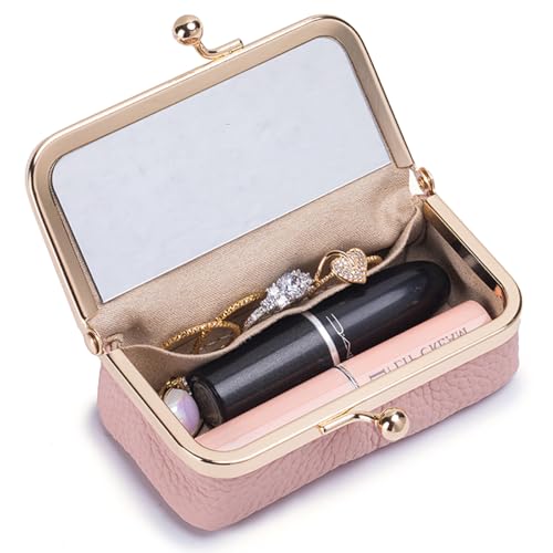 Genuine Leather Travel Jewelry Box, Mini Jewelry Organizer Case with Mirror for Women, Small Lipstick Bag for Purse, Cute Portable Gift for Her women giril (Pink, Mirror) - color: Pink, size: A