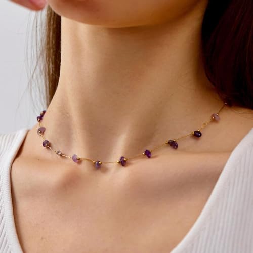 KYUNHOO 5 Meters Gold Plated Brass Chain for Jewelry Making Purple Irregular Natural Stone Crystal Necklace Chains Bulk with Jump Rings and Lobster Clasps - color: Natural Stone-Purple