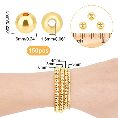 PH PandaHall 150pcs 6mm 18K Gold Plated Beads Long-Lasting Round Smooth Spacer Beads Seamless Brass Loose Ball Bead for Summer Hawaii Stackable Necklace Bracelet Earring Making - size: 6mm