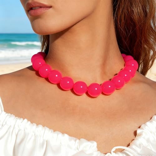 Chunky Acrylic Resin Beaded Necklace for Women Colorful Large Round Choker Adjustable Stack Acrylic Beads Necklace Resin Summer Party Jewelry - style: Red