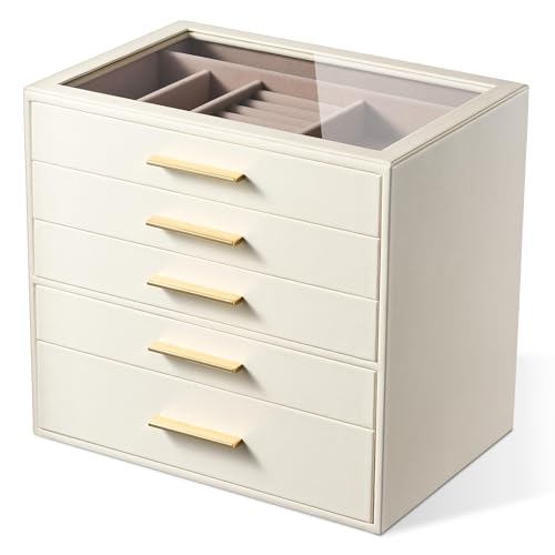 pickpiff Jewelry Box Organizer Case for Women: 5-Layer Jewelry Storage Case with Glass Window, Ivory Leather with Pink Velvet, Holder for Ring Necklace Bracelet Brooch Watch, Great Gift for Her - color: White, size: 5 layer