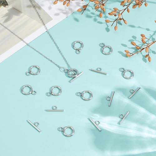 50Pcs Toggle Clasps Stainless Steel T Bar Ring Connector Closure Hook Fastener Necklace Bracelet Round Closures Jewelry Clasp for Bracelet Necklace Jewelry Making 16x12x2mm - size: 16x12x2mm