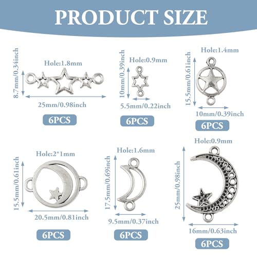 Pandahall 36Pcs Star Connector Charms Pentagram Crescent Moon Links Charm Alloy Tibetan Style Celestial Link Pendants 6 Styles for Jewelry Necklace Bracelet Earrings Craft