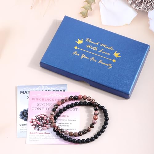 NCB 2.3-Piece 4mm Natural Crystal Gemstone Stretch Bracelets – Handmade Reiki Energy Healing Jewelry for Meditation,Yoga, Unisex - color: 2PCS ( Pink black Rhodonite+Matte Black Agate ), size: 6mm