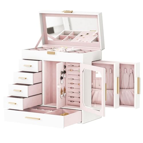HOOBRO Jewelry Box with Mirror, Jewelry Organizer Box with Capacious Storage Space, Vertical Storage, Glass Cover, Modern Style, White and Light Gold WT06JB04G1 - color: White + Gold