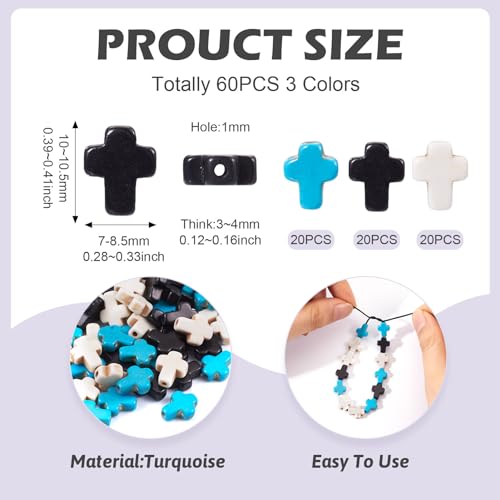 60 Pcs Turquoise Cross Beads Turquoise Stone Beads Small Cross Bead Charms Turquoise White Black Cross Crucifix Spacer Beads for Easter Holiday Bracelet Necklace Jewelry Making - color: Black/White/Blue