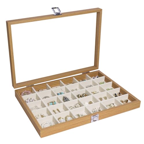 Stratalife Jewelry Organizer Wooden Bracelet Jewelry Box 30 Grid Jewelry Tray with Lid Earring Holder Organizer Necklace Bracelet Bangle Ring Organizer for Women Vintage Jewelry Box - color: Beige, size: 30