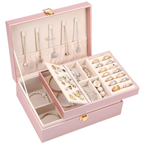 Voova Jewelry Box Organizer for Women Girls, 2 Layer Large Men Jewelry Storage Case, PU Leather Display Jewellery Holder with Removable Tray for Necklace Rings Bracelets,Vintage Gift,Rose Gold - color: Rose Gold