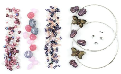 Bracelet Making kit with Czech Glass Beads & TOHO Japanese Rocailles, 2pc Memory Wire and crimps for begginers - Easy & Fast to do (Butterflies Purple Pink)