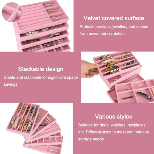 12Pcs Velvet Stackable Jewelry Trays, Jewelry Drawer Organizer, Large Removable Display Jewelry Tray, Necklace Bracelet Storage Box for Earring, Ring, Brooch, Watch (Pink) - color: Pink