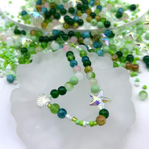 6mm Glass Beads, 580Pcs Crystal Bead, Starfish, Shell Shaped and Seed Beads, Green Assorted Round Crystal Loose Bead for St. Patrick's Day, Jewelry Making, DIY Craft - size: 6mm
