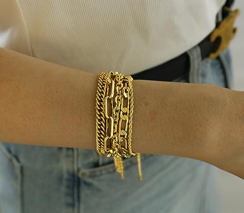Waterproof Gold Chain Bracelet For Women Non Tarnish,14K Gold Plated Link Dainty Bracelets Stake Layered Bracelet Set Hypoallergen Gold Jewelry - color: Style-11