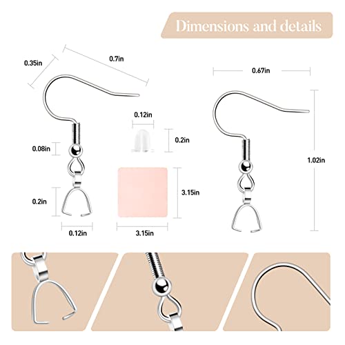 Stainless Steel Hypoallergenic Earring Hooks, 100 Pieces Earrings Making Kit, Earring Hooks with Pendant Clasp, Silicone Ear Backs and Polishing Cloth for Earrings Making DIY (Silver) (100)