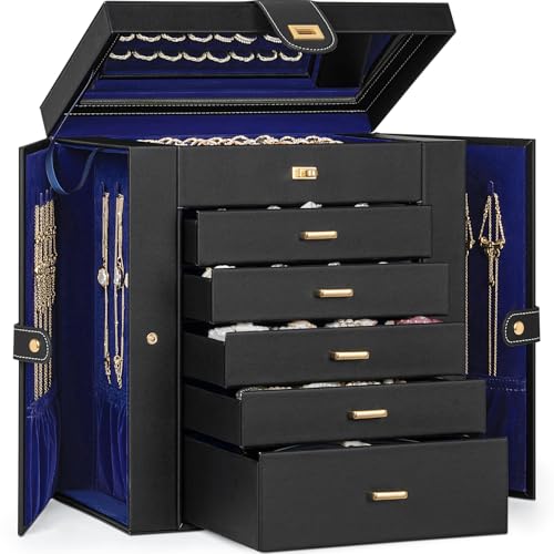AKOZLIN Huge Jewelry Box Organizer Functional Large Leather Jewelry Storage Case for Women Girls Ring Necklace Earring Bracelet Holder Organizer with Mirror - color: Black Blue, size: Extra Large