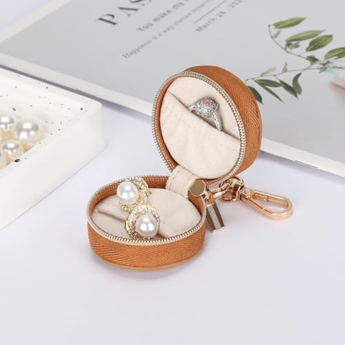 KUKUVR Jewelry Ring Holder Box with Keychain, Portable Gym Jewelry Storage Box Case, Small Travel Ring Earring Stud Necklace Storage Case (Brown) - color: Brown