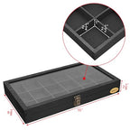 MOOCA Wooden Jewelry Display Case with Tempered Glass Lid & 18 Compartments Tray, Rock Collection Box, Crystal Display Case, Black Color - color: Black