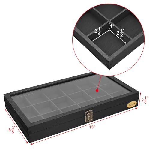 MOOCA Wooden Jewelry Display Case with Tempered Glass Lid & 18 Compartments Tray, Rock Collection Box, Crystal Display Case, Black Color - color: Black