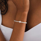 Mothers Day Gifts - Beaded Bracelets for Women 14K Silver Gold Plated Stretch Handmade Ball Bracelets Cute Charm Bracelet Dainty Stackable Cross Heart Bow Wave CZ Circle Trendy Jewelry Easter Gifts - color: cross-silver