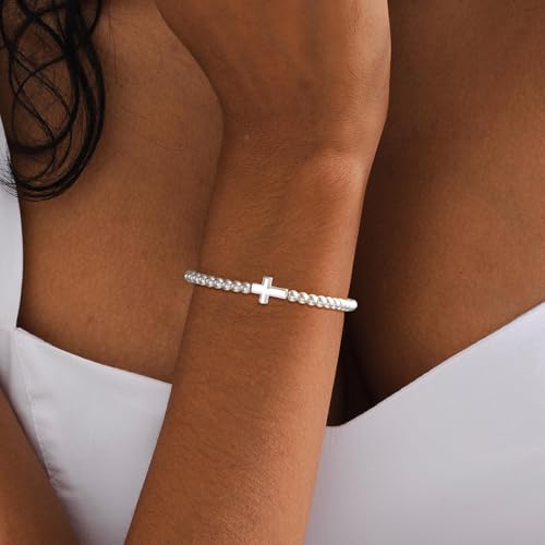 Mothers Day Gifts - Beaded Bracelets for Women 14K Silver Gold Plated Stretch Handmade Ball Bracelets Cute Charm Bracelet Dainty Stackable Cross Heart Bow Wave CZ Circle Trendy Jewelry Easter Gifts - color: cross-silver