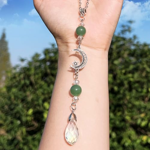 Car Rear View Mirror Accessories Car Hanging Ornament Moon and Star Cute Boho&Hippie Rearview Decor Charm Handmade Green Jade Crystal Beads Swinging Interior Decor for Women Men - color: Green Jade-moon