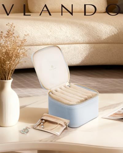 VLANDO Travel Jewelry Case,Travel Jewelry Organize with 6 Velvet Jewelry Zipper Pockets,Premium Petal Hardware Jewelry Case for Birthday Wedding Graduation Gifts-Baby Blue - color: 6PCS-Baby Blue