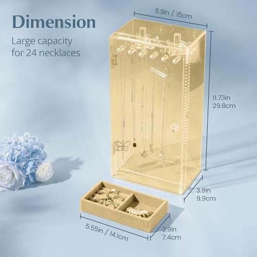 Lolalet Necklace Holder Organizer, Acrylic Jewelry Organizer with 24 Hooks, Rotating Clear Necklaces Display Box, Dust-proof Jewelry Storage Case with Velvet Tray -Gold - color: Gold