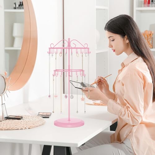 iDavosic.ly 2 Tier Rotating Necklace Holder Organizer with 42 Hooks, Adjustable Metal Bracelet Display Stand Rack, Extra Tall Keychain Spinning Tree Tower for Women, Pink - color: Candy Pink