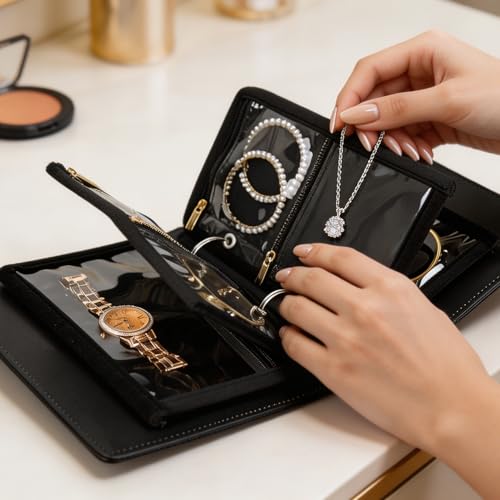 Travel Jewelry Organizer Case,Small Jewelry Bags Jewelry Storage Book Ring Binder with Clear Zipper Velvet Pouch for Traveling - color: Black