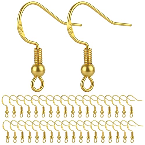 Sterling Silver Earring Hooks, 120 PCS 14K Gold Plated Fish Hook Earrings for Earring Making Supplies Kit, Jewelry Making Supplies for DIY Earrings Hypoallergenic Ear Wires Fish Hook - color: 14K Gold