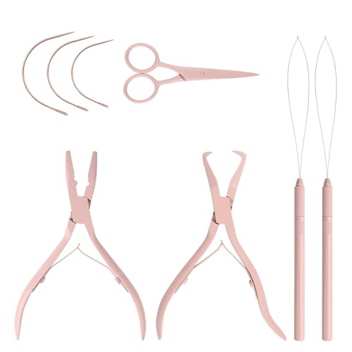 Hair Extension Pliers Kit Microlink Pliers for Extensions Hair Extension Beading Tool Hair Needle Pulling Hook Hair Styling Bead Closer and Remover Pliers - color: Pink