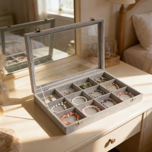 Wudygirl 12 Grid Jewelry Organizer Velvet Jewelry Tray with Clear Lid Jewelry Box Bracelet Holder Display Case Storage Bracelets Rings Earrings Organizer (12 Grid) - style: 12 Grid Tray