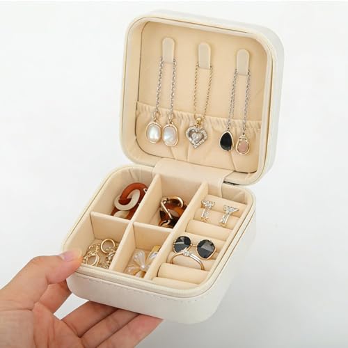 Small Travel Jewelry Box, PU Leather Portable Organizer with Compartments for Earrings, Rings, Necklaces, Mini Storage Case for Women and Girls, Bridesmaid Gift