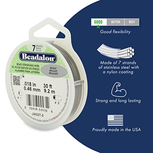 Beadalon 7 Strand Stainless Steel Bead Stringing Wire, .015 in / 0.38 mm, Bright, 30 ft / 9.2 m - color: Bright, style: .015 in / 0.38 mm , 30 ft / 9.2 m