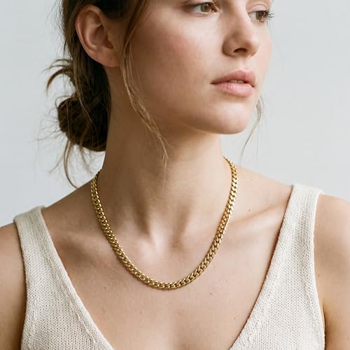 WomenGifts Cuban Link Chain Necklace for Women, Waterproof 14k Gold Silver Plated Chain Choker, Non Tarnish Stainless Steel Jewelry, 3.5/5/6/8/11mm,14/16/18 Inch Thin&Chunky&Thick - color: Gold, style: 6MM-16"