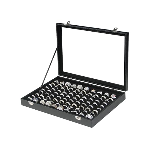 Coward Ring Organizer Jewelry Box, Black Velvet 100 Slots Ring Display Tray Case with Transparent Glass Lid for Home Use or Store Selling Show - color: Black Velvet, size: Ring Box