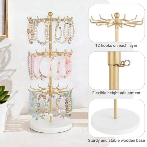 Mkono Bracelet Holder Gold Metal Rotating Bracelet Display Stand 3 Tier Jewelry Tower rack with 36 Hooks and Wood Base Modern Adjustable Storage Organizer Tree for Selling KeyChain Bangle Accessories