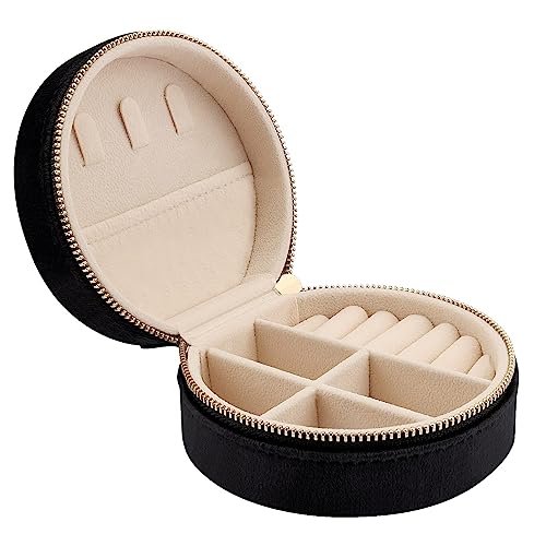 DesignSter Travel Jewelry Box - Velvet Mini Jewelry Organizer, Small Jewelry Case for Girls Women, Jewelry Storage Box for Rings Earrings Necklace (Circular, Black) - color: Black, size: Circular